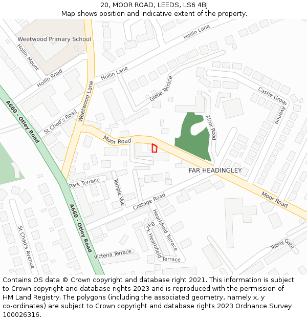 20, MOOR ROAD, LEEDS, LS6 4BJ: Location map and indicative extent of plot