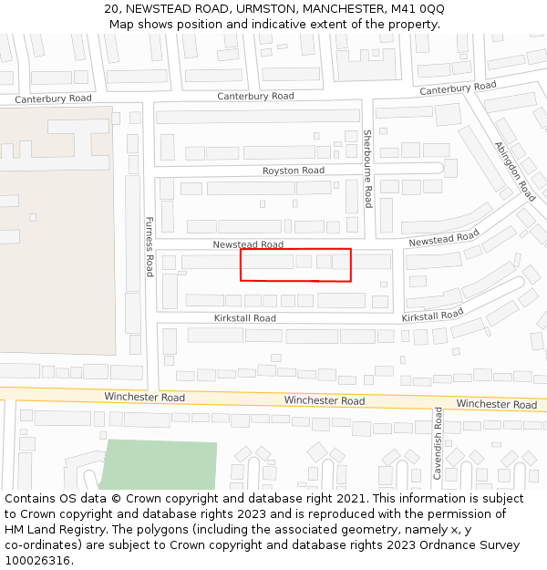 20, NEWSTEAD ROAD, URMSTON, MANCHESTER, M41 0QQ: Location map and indicative extent of plot