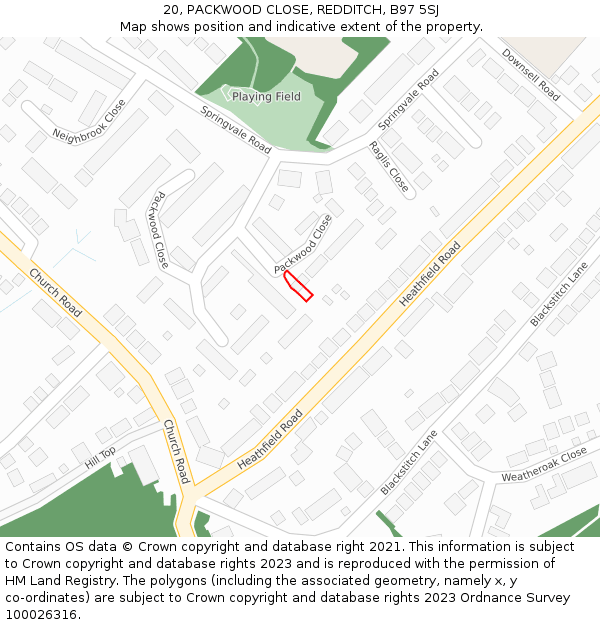 20, PACKWOOD CLOSE, REDDITCH, B97 5SJ: Location map and indicative extent of plot