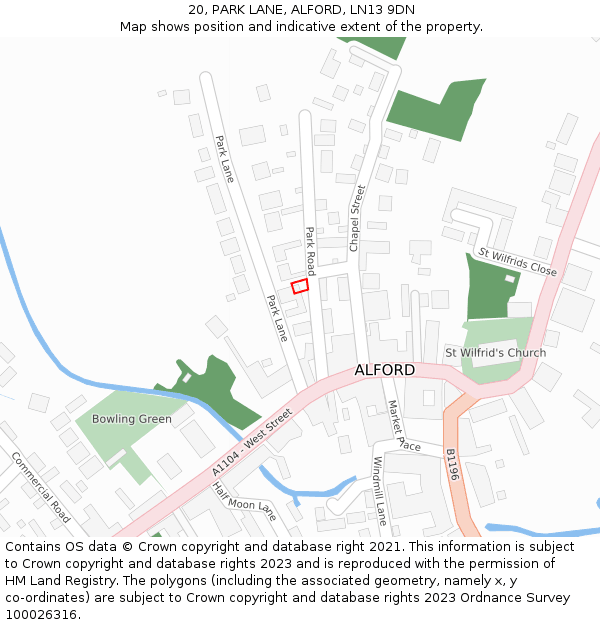 20, PARK LANE, ALFORD, LN13 9DN: Location map and indicative extent of plot