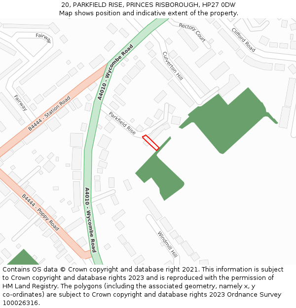 20, PARKFIELD RISE, PRINCES RISBOROUGH, HP27 0DW: Location map and indicative extent of plot