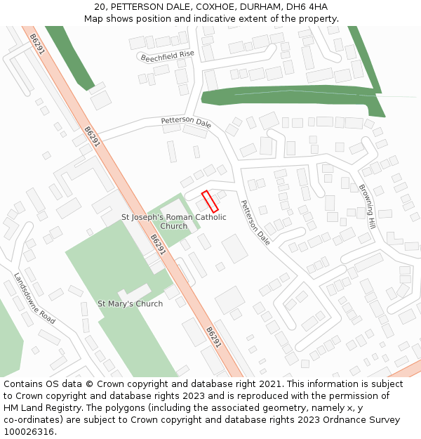 20, PETTERSON DALE, COXHOE, DURHAM, DH6 4HA: Location map and indicative extent of plot