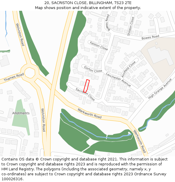 20, SACRISTON CLOSE, BILLINGHAM, TS23 2TE: Location map and indicative extent of plot