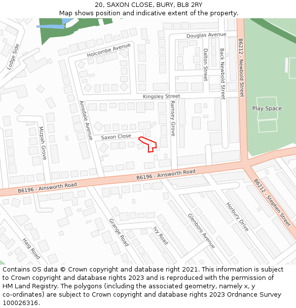 20, SAXON CLOSE, BURY, BL8 2RY: Location map and indicative extent of plot