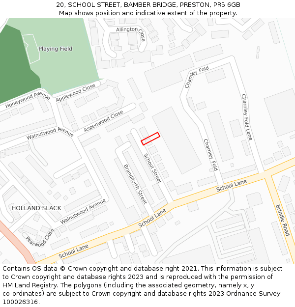 20, SCHOOL STREET, BAMBER BRIDGE, PRESTON, PR5 6GB: Location map and indicative extent of plot