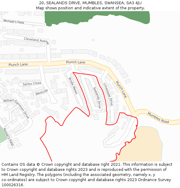 20, SEALANDS DRIVE, MUMBLES, SWANSEA, SA3 4JU: Location map and indicative extent of plot