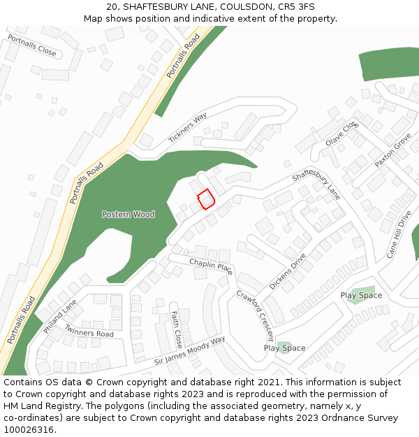 20, SHAFTESBURY LANE, COULSDON, CR5 3FS: Location map and indicative extent of plot