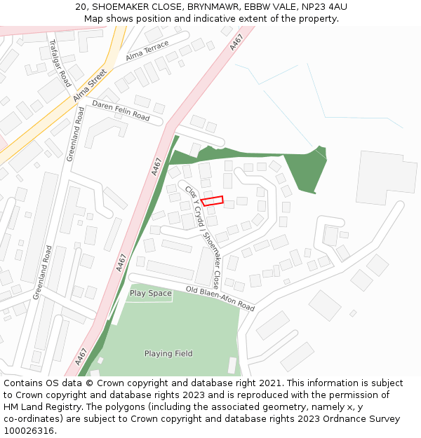 20, SHOEMAKER CLOSE, BRYNMAWR, EBBW VALE, NP23 4AU: Location map and indicative extent of plot