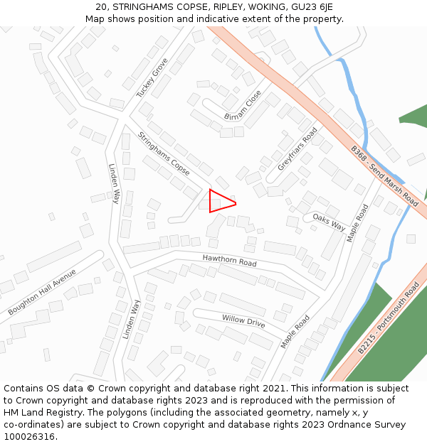 20, STRINGHAMS COPSE, RIPLEY, WOKING, GU23 6JE: Location map and indicative extent of plot