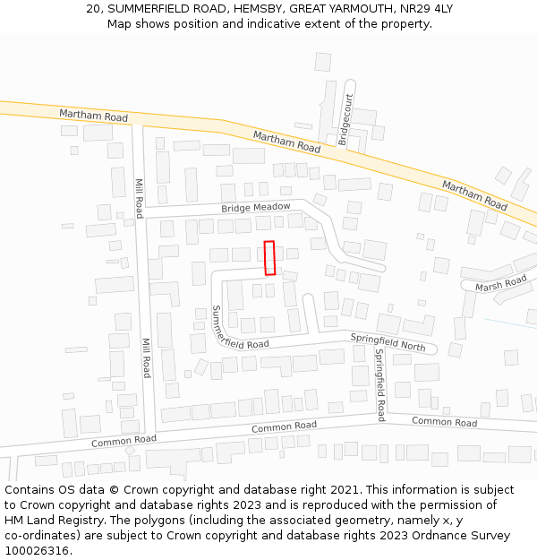 20, SUMMERFIELD ROAD, HEMSBY, GREAT YARMOUTH, NR29 4LY: Location map and indicative extent of plot