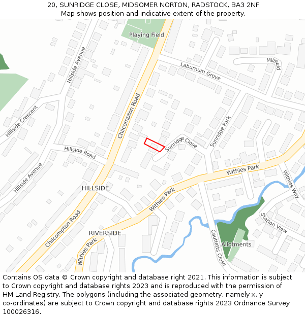 20, SUNRIDGE CLOSE, MIDSOMER NORTON, RADSTOCK, BA3 2NF: Location map and indicative extent of plot