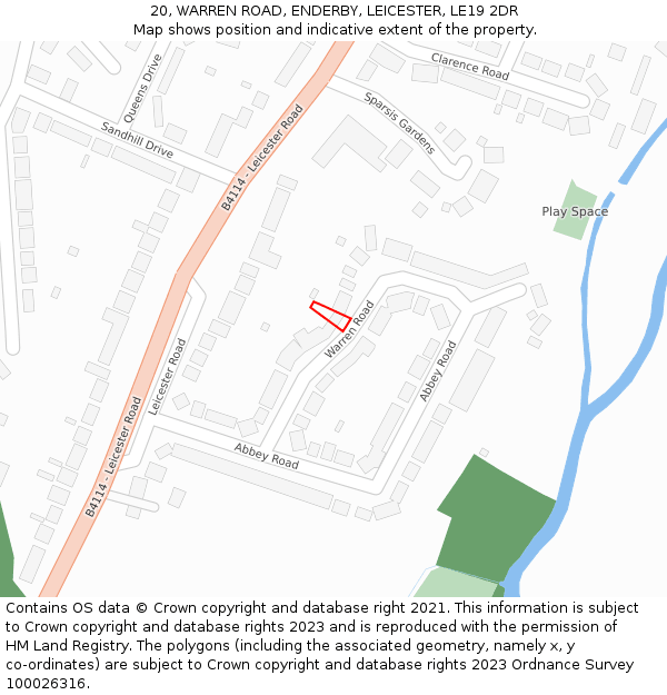 20, WARREN ROAD, ENDERBY, LEICESTER, LE19 2DR: Location map and indicative extent of plot