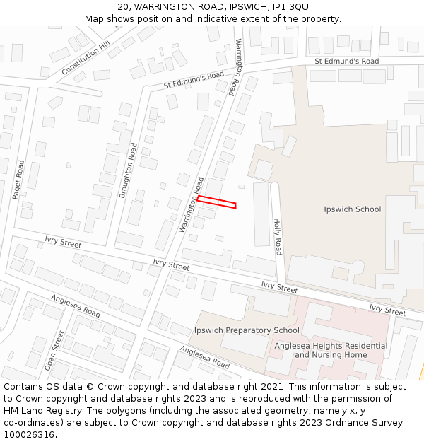 20, WARRINGTON ROAD, IPSWICH, IP1 3QU: Location map and indicative extent of plot