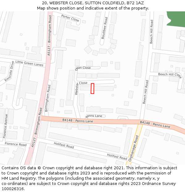 20, WEBSTER CLOSE, SUTTON COLDFIELD, B72 1AZ: Location map and indicative extent of plot