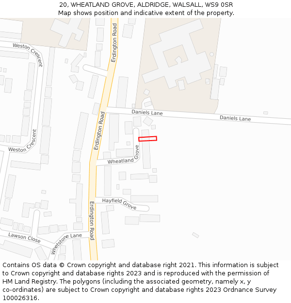 20, WHEATLAND GROVE, ALDRIDGE, WALSALL, WS9 0SR: Location map and indicative extent of plot