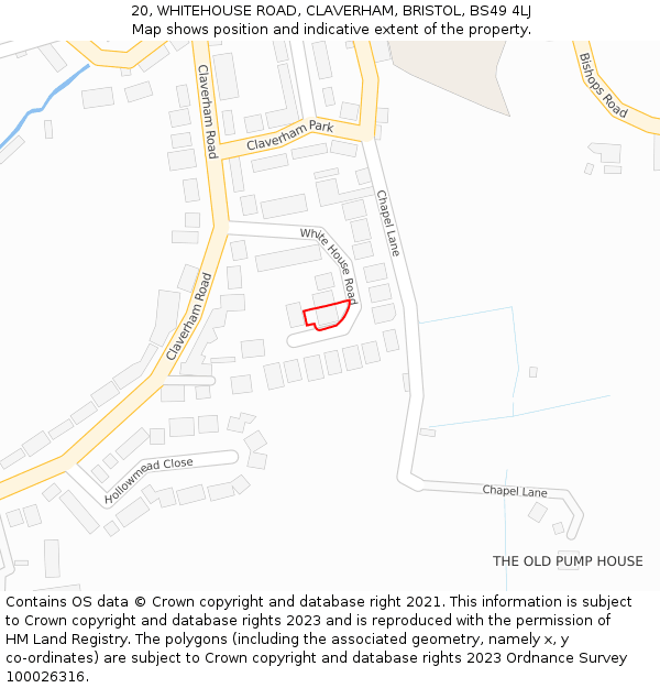 20, WHITEHOUSE ROAD, CLAVERHAM, BRISTOL, BS49 4LJ: Location map and indicative extent of plot