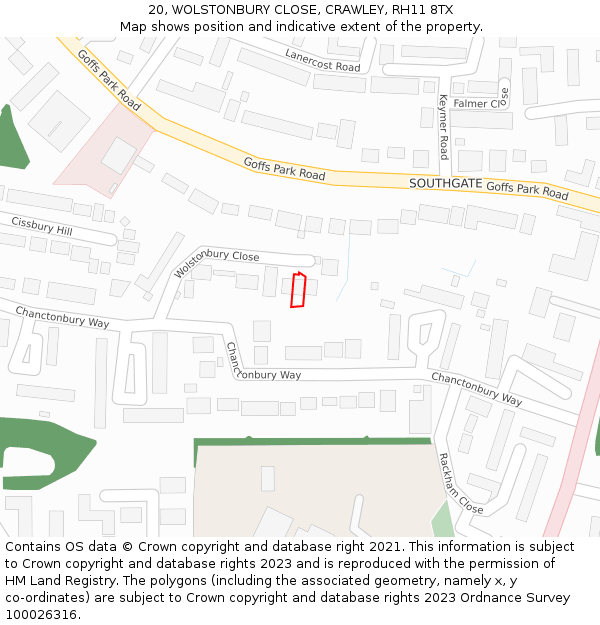 20, WOLSTONBURY CLOSE, CRAWLEY, RH11 8TX: Location map and indicative extent of plot