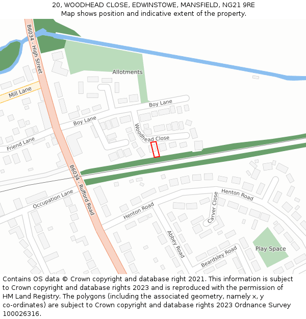 20, WOODHEAD CLOSE, EDWINSTOWE, MANSFIELD, NG21 9RE: Location map and indicative extent of plot