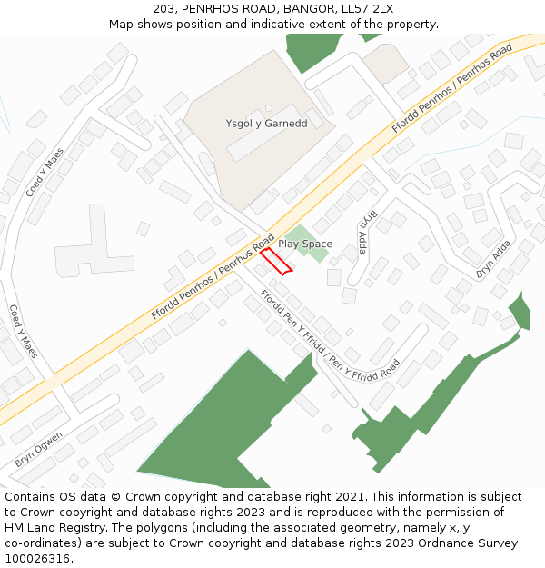 203, PENRHOS ROAD, BANGOR, LL57 2LX: Location map and indicative extent of plot