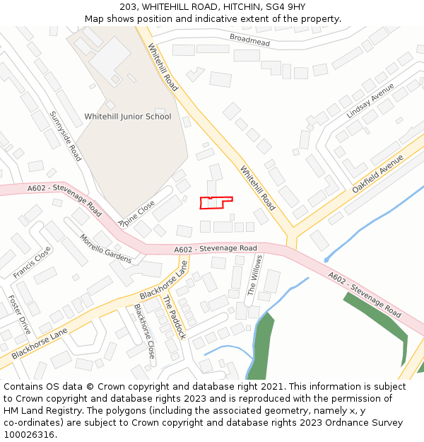 203, WHITEHILL ROAD, HITCHIN, SG4 9HY: Location map and indicative extent of plot