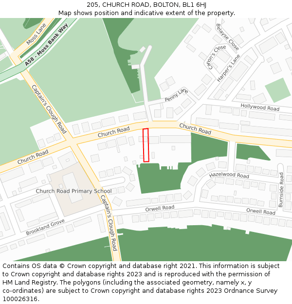 205, CHURCH ROAD, BOLTON, BL1 6HJ: Location map and indicative extent of plot