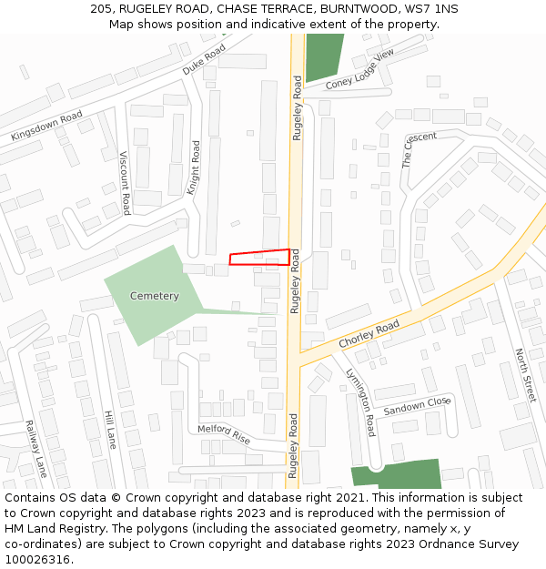 205, RUGELEY ROAD, CHASE TERRACE, BURNTWOOD, WS7 1NS: Location map and indicative extent of plot