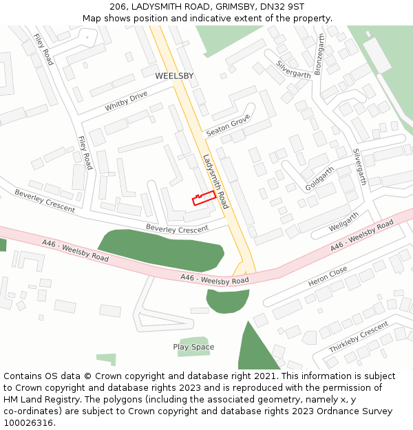 206, LADYSMITH ROAD, GRIMSBY, DN32 9ST: Location map and indicative extent of plot