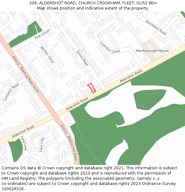 209, ALDERSHOT ROAD, CHURCH CROOKHAM, FLEET, GU52 8EH: Location map and indicative extent of plot