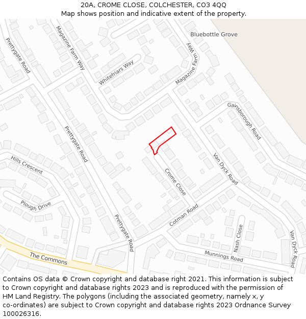 20A, CROME CLOSE, COLCHESTER, CO3 4QQ: Location map and indicative extent of plot