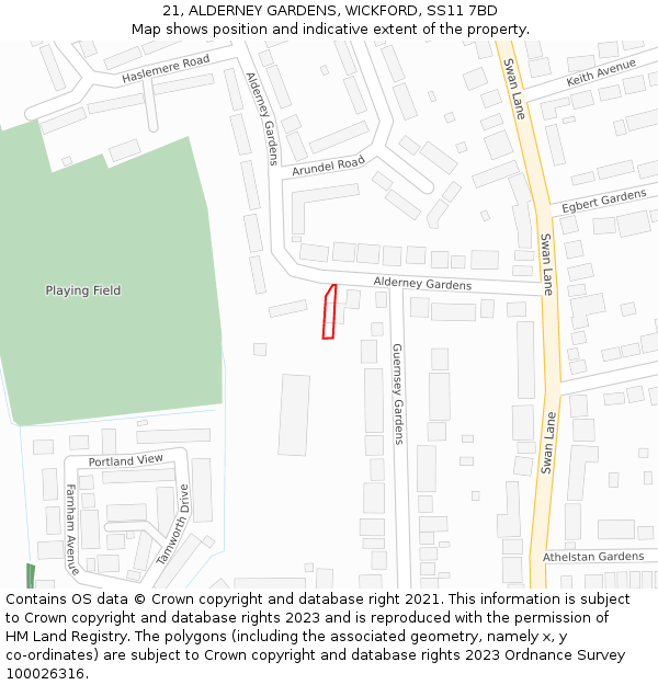 21, ALDERNEY GARDENS, WICKFORD, SS11 7BD: Location map and indicative extent of plot