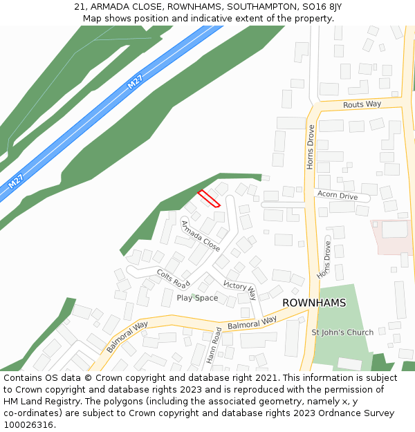 21, ARMADA CLOSE, ROWNHAMS, SOUTHAMPTON, SO16 8JY: Location map and indicative extent of plot