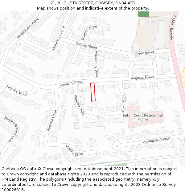 21, AUGUSTA STREET, GRIMSBY, DN34 4TD: Location map and indicative extent of plot