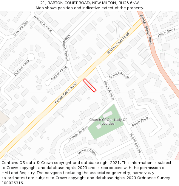 21, BARTON COURT ROAD, NEW MILTON, BH25 6NW: Location map and indicative extent of plot