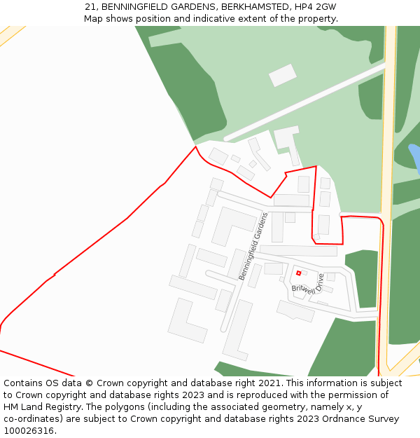 21, BENNINGFIELD GARDENS, BERKHAMSTED, HP4 2GW: Location map and indicative extent of plot