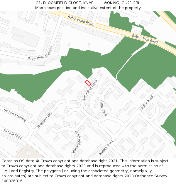 21, BLOOMFIELD CLOSE, KNAPHILL, WOKING, GU21 2BL: Location map and indicative extent of plot