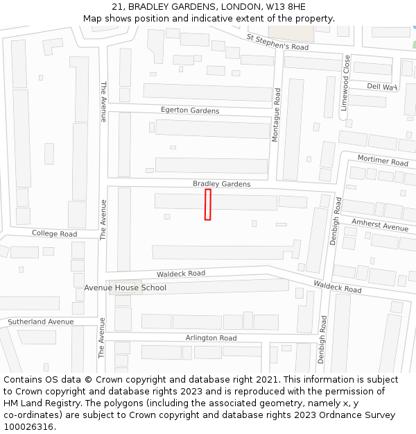 21, BRADLEY GARDENS, LONDON, W13 8HE: Location map and indicative extent of plot