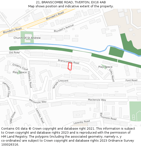 21, BRANSCOMBE ROAD, TIVERTON, EX16 4AB: Location map and indicative extent of plot