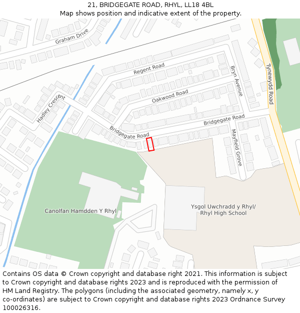21, BRIDGEGATE ROAD, RHYL, LL18 4BL: Location map and indicative extent of plot