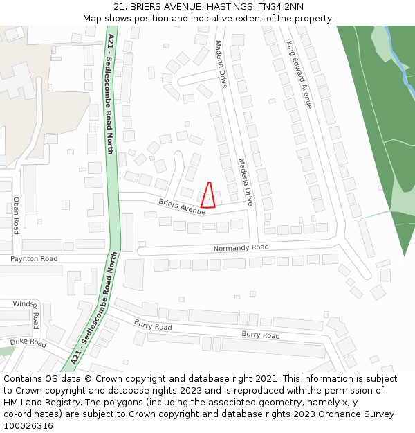 21, BRIERS AVENUE, HASTINGS, TN34 2NN: Location map and indicative extent of plot