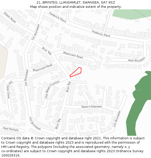 21, BRYNTEG, LLANSAMLET, SWANSEA, SA7 9SZ: Location map and indicative extent of plot