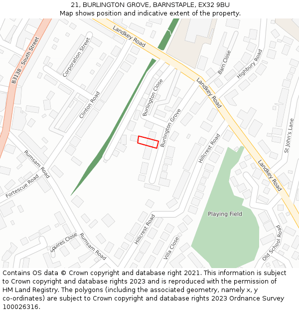 21, BURLINGTON GROVE, BARNSTAPLE, EX32 9BU: Location map and indicative extent of plot