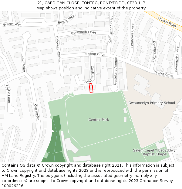 21, CARDIGAN CLOSE, TONTEG, PONTYPRIDD, CF38 1LB: Location map and indicative extent of plot