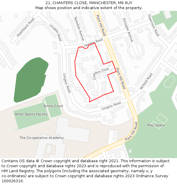 21, CHANTERS CLOSE, MANCHESTER, M9 6UY: Location map and indicative extent of plot