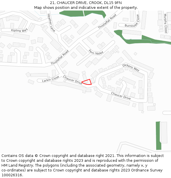 21, CHAUCER DRIVE, CROOK, DL15 9FN: Location map and indicative extent of plot