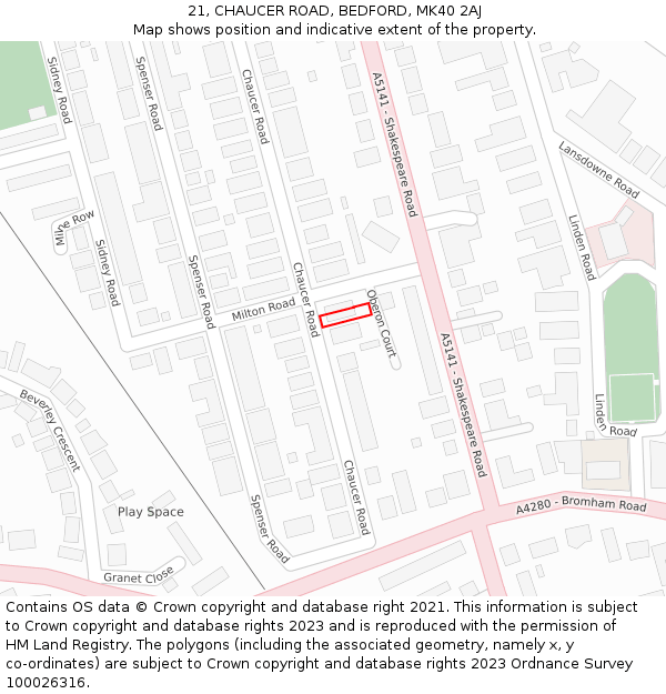 21, CHAUCER ROAD, BEDFORD, MK40 2AJ: Location map and indicative extent of plot