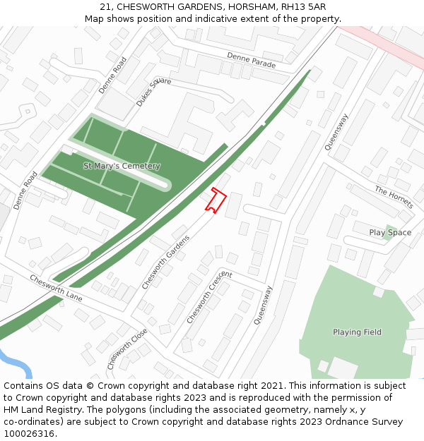 21, CHESWORTH GARDENS, HORSHAM, RH13 5AR: Location map and indicative extent of plot