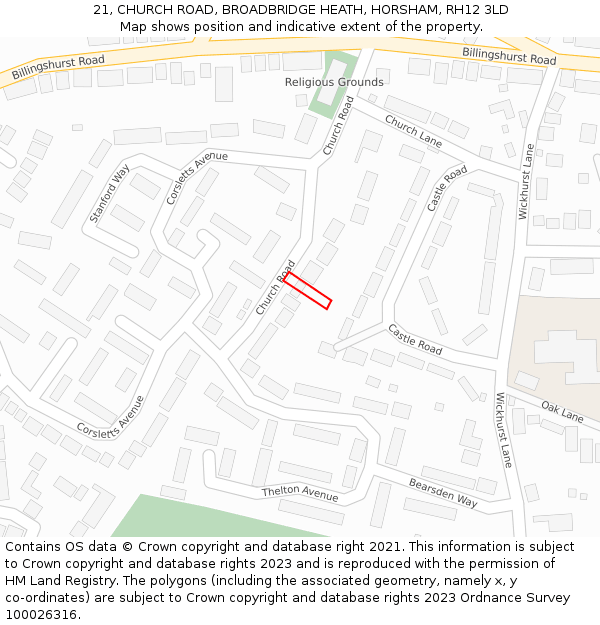 21, CHURCH ROAD, BROADBRIDGE HEATH, HORSHAM, RH12 3LD: Location map and indicative extent of plot