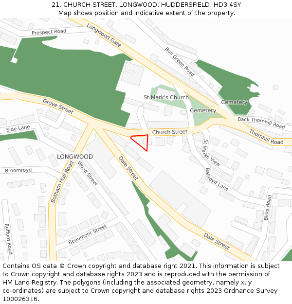 21, CHURCH STREET, LONGWOOD, HUDDERSFIELD, HD3 4SY: Location map and indicative extent of plot