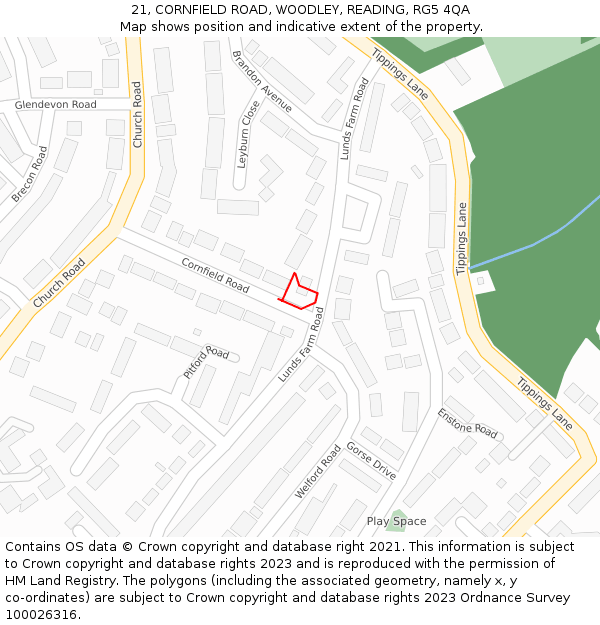 21, CORNFIELD ROAD, WOODLEY, READING, RG5 4QA: Location map and indicative extent of plot