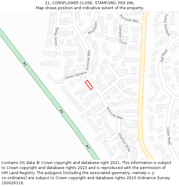 21, CORNFLOWER CLOSE, STAMFORD, PE9 2WL: Location map and indicative extent of plot